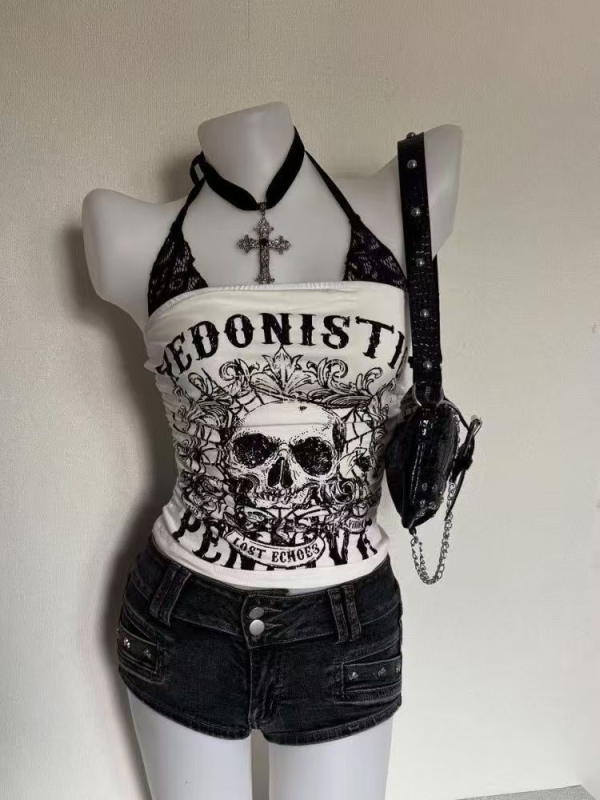 Gothic Black White Skull Print Halter Tank Top Retro Y2K Print Fitted Top